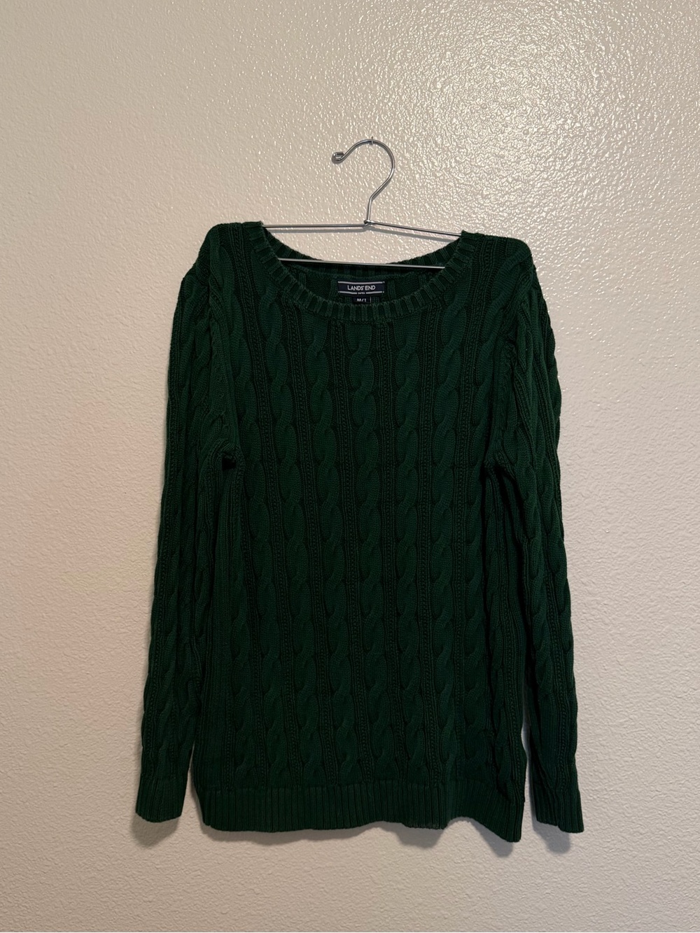 Lands' End Women's Forest Green Cable Crew Sweater